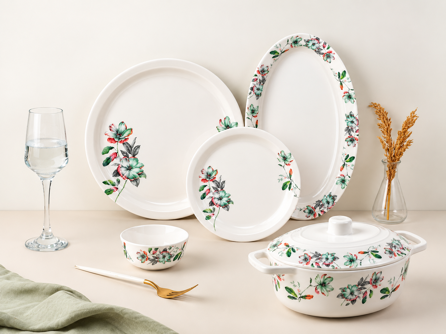 37 Piece Grace Mint Floral Classic Round Dinner Set