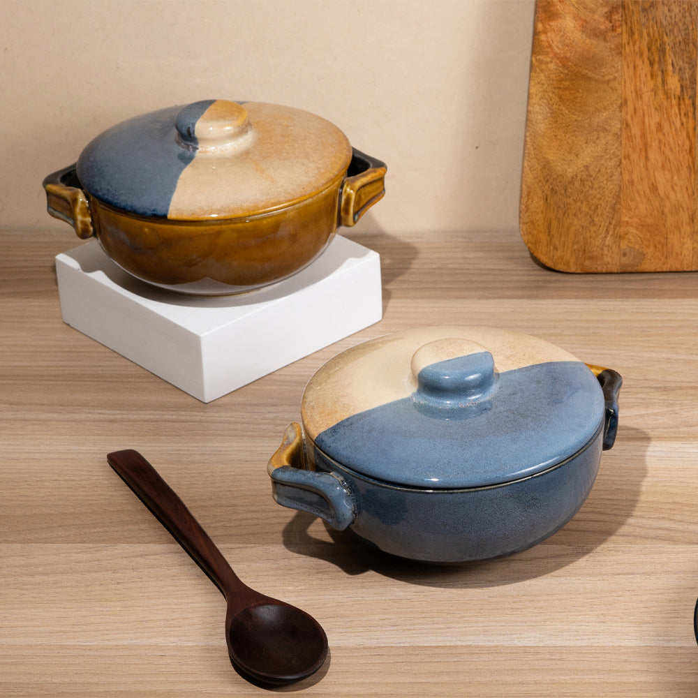 Azure Half and Half Ceramic Serving Bowl with Lid