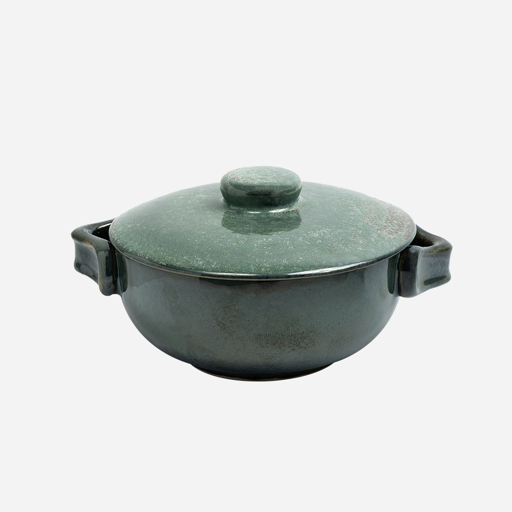 Verdant Green Glossy Ceramic Serving Bowl with Lid