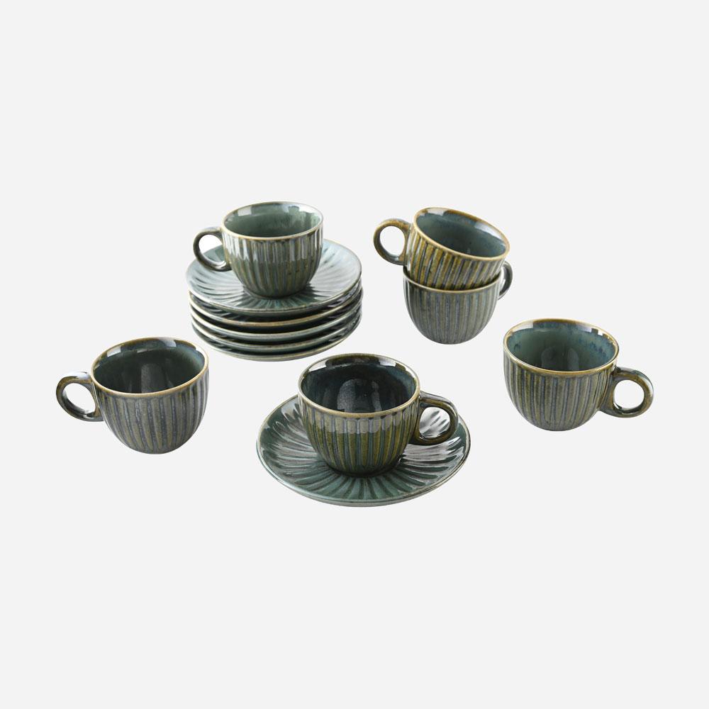 Green Glossy Cup and Saucer(Set of 6)